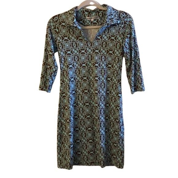 Barbara Gerwit XS Brown Turquoise Geometric 3/4 Sleeve Collared Stretch Dress - Picture 1 of 7